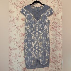 Tadashi Shoji Blue & White Lace-Overlay Midi Dress Wedding Guest Mother of Bride